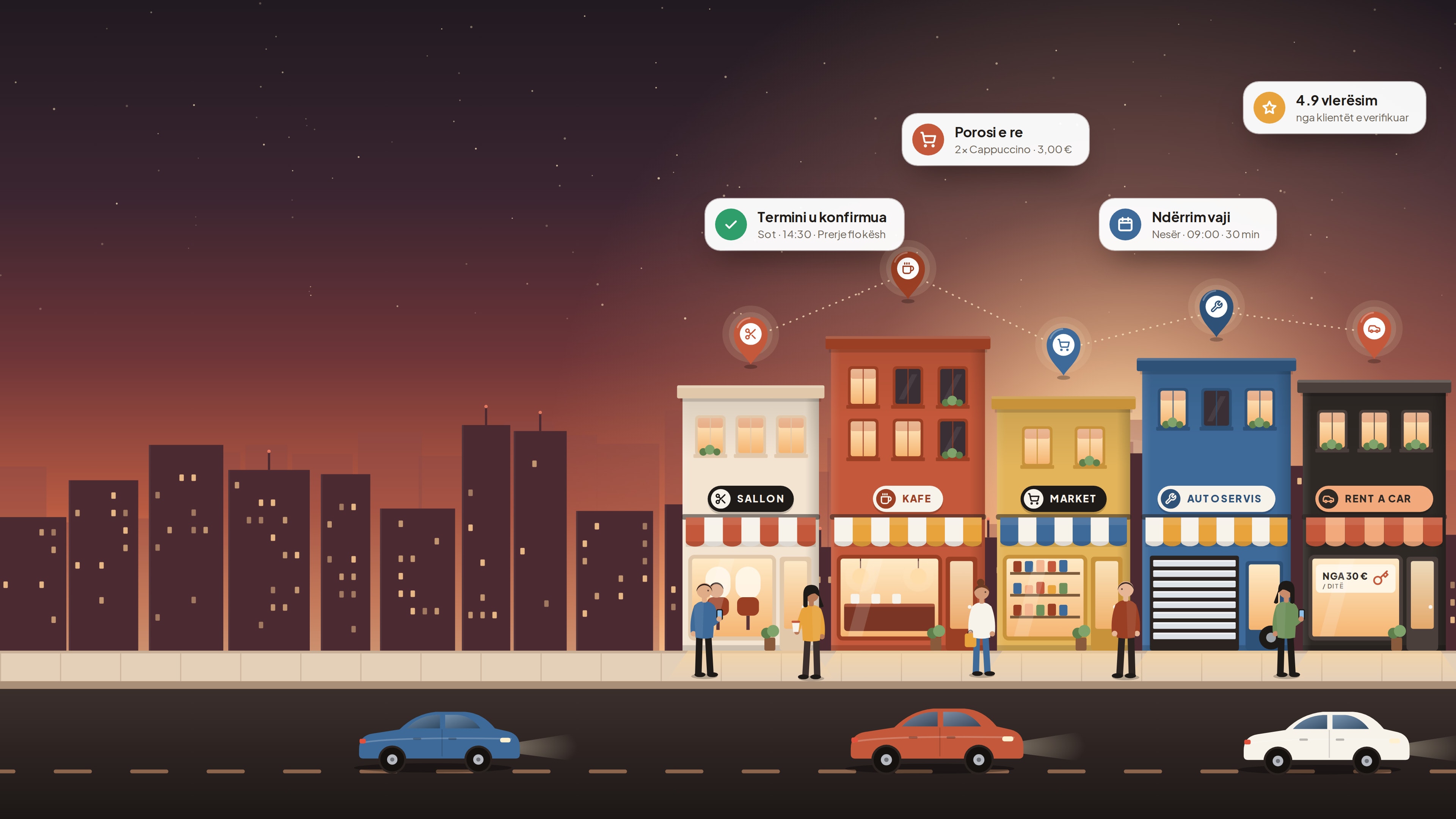 Rrugë me sallon, kafe, market, autoservis dhe rent a car — termine dhe porosi me B4TS